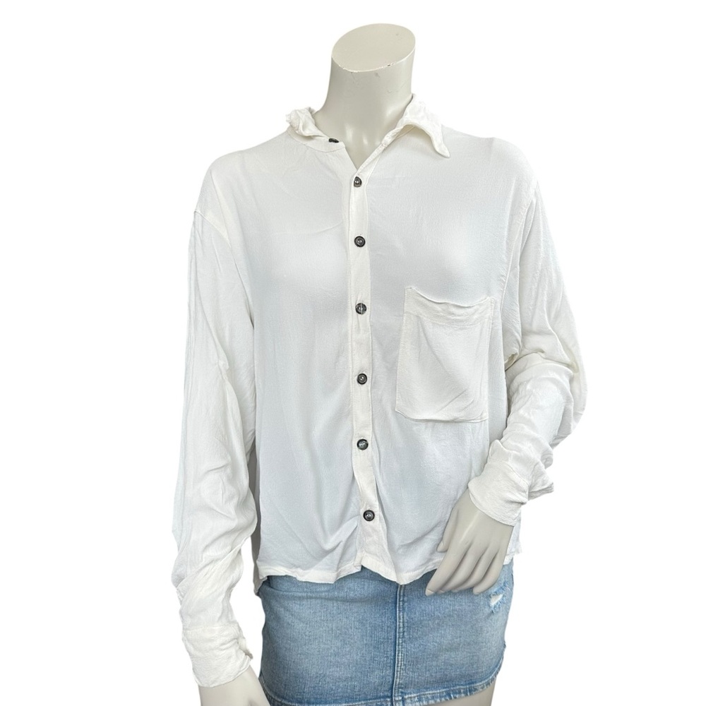 Vintage CP Shades Cream Ivory Rayon Flowy Button Down Pocket Blouse Size Small